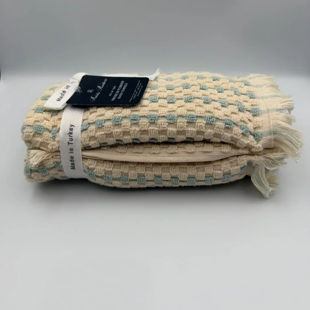 Brooks Brothers Premium Turkish Cotton Hand Towel Set of 2 Fringed Cream/Blue